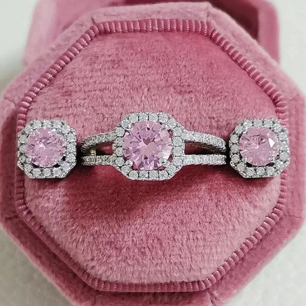Pink Sapphire Round Brilliant Cut Halo Diamond Ring & Earring Set